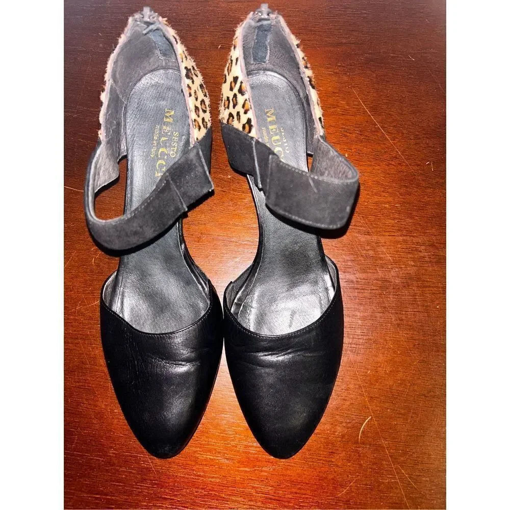 Sesto meucci black hair calf ankle strap heels size